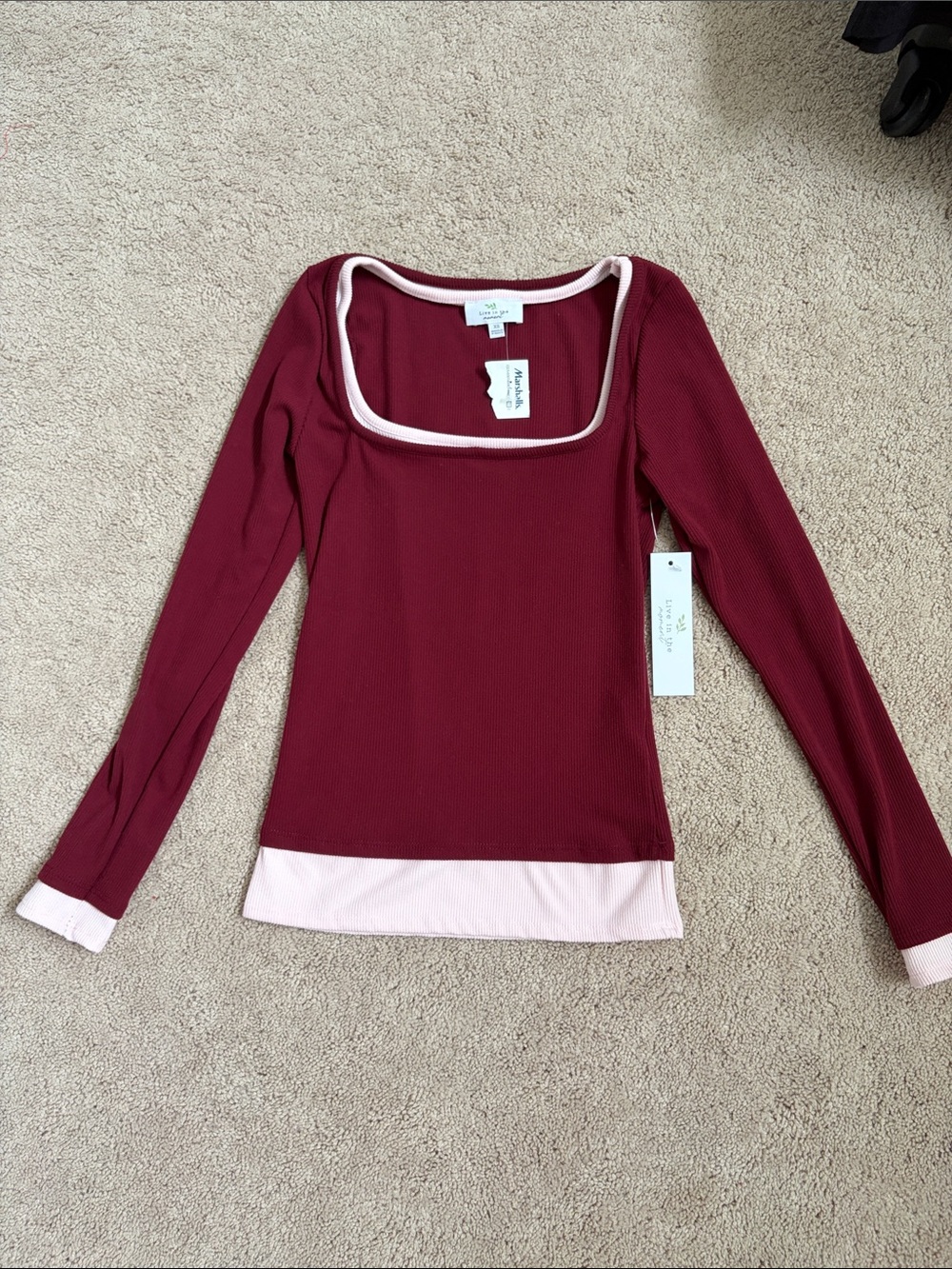 Square Neck Long Sleeve Top in Wine with Pink Trim